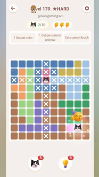 Meowdoku Level 170 step 2 screenshot showing the cat placement at I9 with 2 of 10 cats visible on the board.