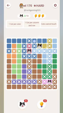 Meowdoku Level 170 step 3 screenshot showing the cat placement at G2 with 3 of 10 cats visible on the board.