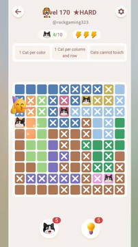 Meowdoku Level 170 step 4 screenshot showing the cat placement at A4 with 4 of 10 cats visible on the board.