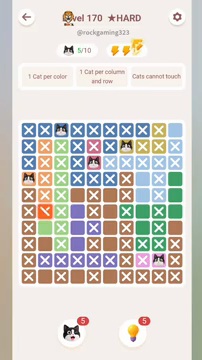 Meowdoku Level 170 step 5 screenshot showing the cat placement at C1 with 5 of 10 cats visible on the board.