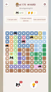 Meowdoku Level 170 step 6 screenshot showing the cat placement at B7 with 6 of 10 cats visible on the board.