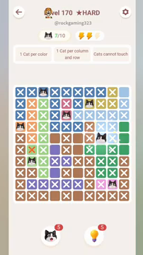 Meowdoku Level 170 step 7 screenshot showing the cat placement at H5 with 7 of 10 cats visible on the board.