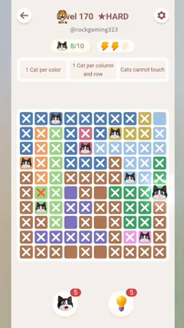 Meowdoku Level 170 step 8 screenshot showing the cat placement at J6 with 8 of 10 cats visible on the board.
