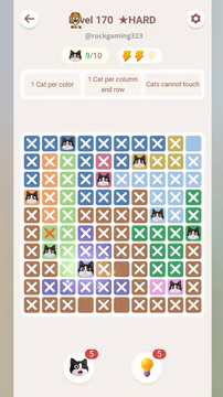 Meowdoku Level 170 step 9 screenshot showing the cat placement at D8 with 9 of 10 cats visible on the board.