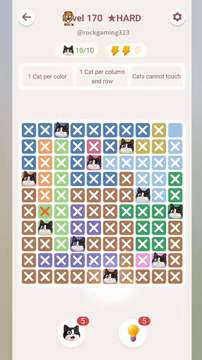 Meowdoku Level 170 step 10 screenshot showing the cat placement at F10 with 10 of 10 cats visible on the board.