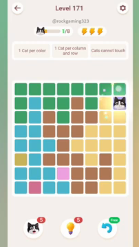 Meowdoku Level 171 step 1 screenshot showing the cat placement at H2 with 1 of 8 cats visible on the board.