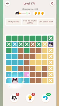 Meowdoku Level 171 step 2 screenshot showing the cat placement at B8 with 2 of 8 cats visible on the board.