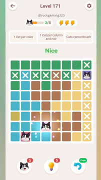 Meowdoku Level 171 step 3 screenshot showing the cat placement at D7 with 3 of 8 cats visible on the board.