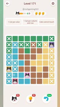 Meowdoku Level 171 step 4 screenshot showing the cat placement at A6 with 4 of 8 cats visible on the board.