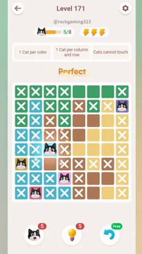 Meowdoku Level 171 step 5 screenshot showing the cat placement at C5 with 5 of 8 cats visible on the board.