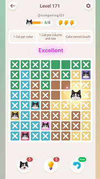 Meowdoku Level 171 step 6 screenshot showing the cat placement at G4 with 6 of 8 cats visible on the board.