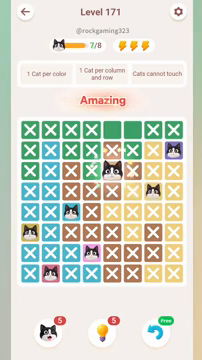 Meowdoku Level 171 step 7 screenshot showing the cat placement at E3 with 7 of 8 cats visible on the board.