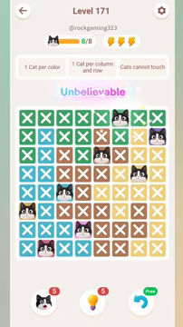 Meowdoku Level 171 step 8 screenshot showing the cat placement at F1 with 8 of 8 cats visible on the board.