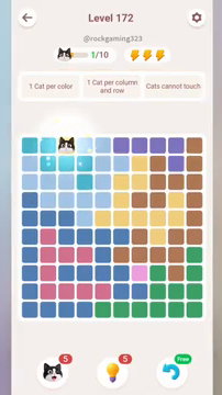 Meowdoku Level 172 step 1 screenshot showing the cat placement at C1 with 1 of 10 cats visible on the board.