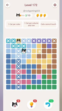 Meowdoku Level 172 step 2 screenshot showing the cat placement at D3 with 2 of 10 cats visible on the board.