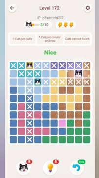 Meowdoku Level 172 step 3 screenshot showing the cat placement at I2 with 3 of 10 cats visible on the board.