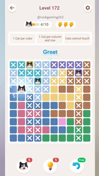 Meowdoku Level 172 step 4 screenshot showing the cat placement at B4 with 4 of 10 cats visible on the board.