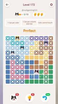 Meowdoku Level 172 step 5 screenshot showing the cat placement at G8 with 5 of 10 cats visible on the board.