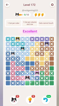 Meowdoku Level 172 step 6 screenshot showing the cat placement at E9 with 6 of 10 cats visible on the board.