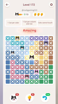 Meowdoku Level 172 step 7 screenshot showing the cat placement at F5 with 7 of 10 cats visible on the board.