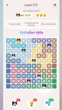 Meowdoku Level 172 step 8 screenshot showing the cat placement at H10 with 8 of 10 cats visible on the board.