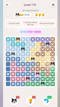 Meowdoku Level 172 step 9 screenshot showing the cat placement at J6 with 9 of 10 cats visible on the board.