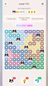 Meowdoku Level 172 step 10 screenshot showing the cat placement at A7 with 10 of 10 cats visible on the board.