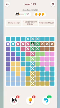 Meowdoku Level 173 step 1 screenshot showing the cat placement at F2 with 1 of 10 cats visible on the board.
