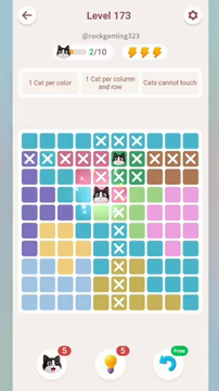 Meowdoku Level 173 step 2 screenshot showing the cat placement at E4 with 2 of 10 cats visible on the board.