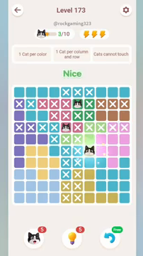Meowdoku Level 173 step 3 screenshot showing the cat placement at G6 with 3 of 10 cats visible on the board.