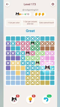 Meowdoku Level 173 step 4 screenshot showing the cat placement at I7 with 4 of 10 cats visible on the board.