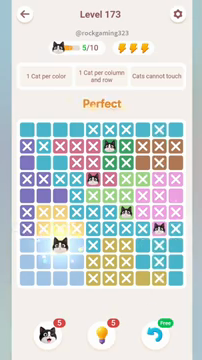 Meowdoku Level 173 step 5 screenshot showing the cat placement at C8 with 5 of 10 cats visible on the board.
