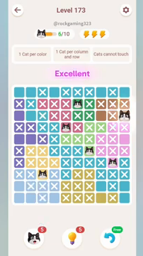 Meowdoku Level 173 step 6 screenshot showing the cat placement at J3 with 6 of 10 cats visible on the board.