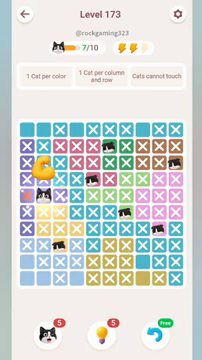 Meowdoku Level 173 step 7 screenshot showing the cat placement at B5 with 7 of 10 cats visible on the board.