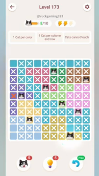 Meowdoku Level 173 step 8 screenshot showing the cat placement at H10 with 8 of 10 cats visible on the board.
