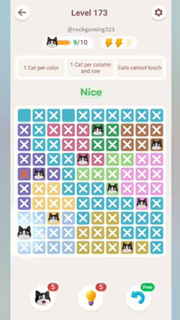 Meowdoku Level 173 step 9 screenshot showing the cat placement at A9 with 9 of 10 cats visible on the board.