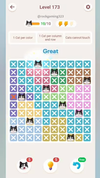 Meowdoku Level 173 step 10 screenshot showing the cat placement at D1 with 10 of 10 cats visible on the board.