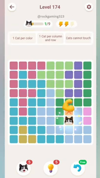 Meowdoku Level 174 step 1 screenshot showing the cat placement at G7 with 1 of 9 cats visible on the board.