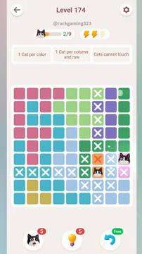 Meowdoku Level 174 step 2 screenshot showing the cat placement at I6 with 2 of 9 cats visible on the board.