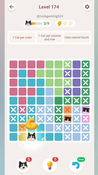 Meowdoku Level 174 step 3 screenshot showing the cat placement at C9 with 3 of 9 cats visible on the board.