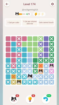 Meowdoku Level 174 step 4 screenshot showing the cat placement at E8 with 4 of 9 cats visible on the board.