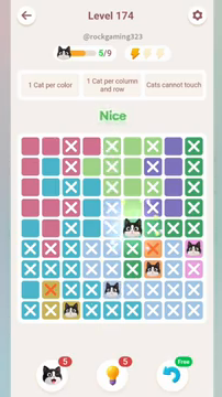 Meowdoku Level 174 step 5 screenshot showing the cat placement at F5 with 5 of 9 cats visible on the board.