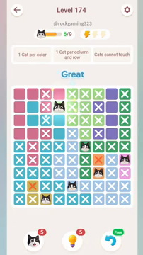 Meowdoku Level 174 step 6 screenshot showing the cat placement at D2 with 6 of 9 cats visible on the board.