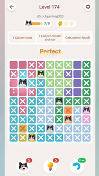 Meowdoku Level 174 step 7 screenshot showing the cat placement at B3 with 7 of 9 cats visible on the board.
