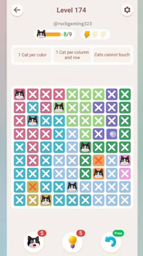 Meowdoku Level 174 step 8 screenshot showing the cat placement at A1 with 8 of 9 cats visible on the board.