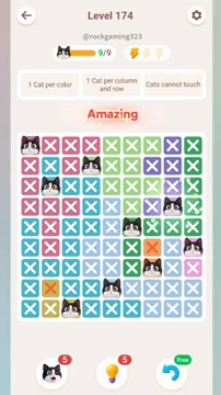 Meowdoku Level 174 step 9 screenshot showing the cat placement at H4 with 9 of 9 cats visible on the board.