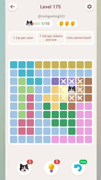 Meowdoku Level 175 step 1 screenshot showing the cat placement at H4 with 1 of 10 cats visible on the board.