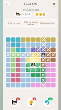 Meowdoku Level 175 step 2 screenshot showing the cat placement at F6 with 2 of 10 cats visible on the board.