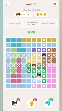 Meowdoku Level 175 step 3 screenshot showing the cat placement at G8 with 3 of 10 cats visible on the board.