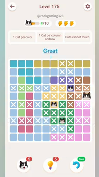 Meowdoku Level 175 step 4 screenshot showing the cat placement at J5 with 4 of 10 cats visible on the board.